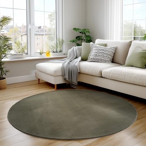 Carpettex Waschbarer Kurzflor Teppich Rund 200 cm Grün Einfarbig Weich