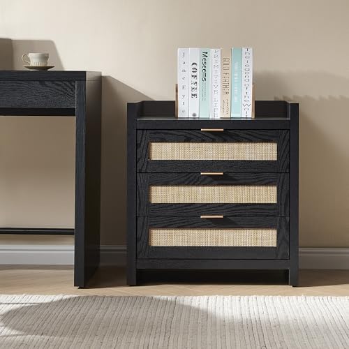 SICOTAS Nightstands Set of 2 Bedside Table - Larger Rattan Night Stand with Type-C Charging Station, 3 Drawers Storage - Boho Tall Night Stands End Table for Bedroom Office - Black Oak - Thumbnail 7
