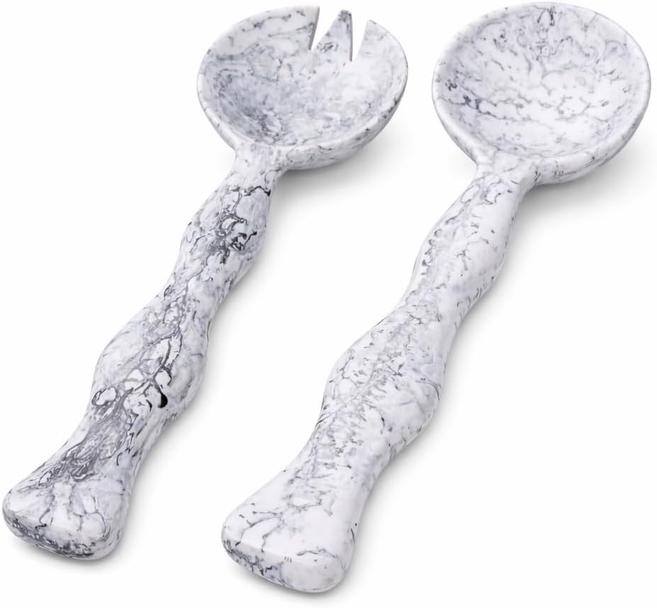 Salad Servers, Resin Salad Tongs, Long Handle Salad Server Set for Mixing, Tossing and Cooking (Salad Spoon and Fork Set) (Black & White)