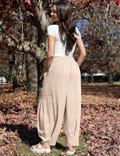 Image of TARSE Women's Linen Wide Leg Pants Baggy High Waist Palazzo Pants | Barrel Leg Fit, Harem Patch Pockets, Loose Casual Style, Breathable Fabric, Vacation Ready