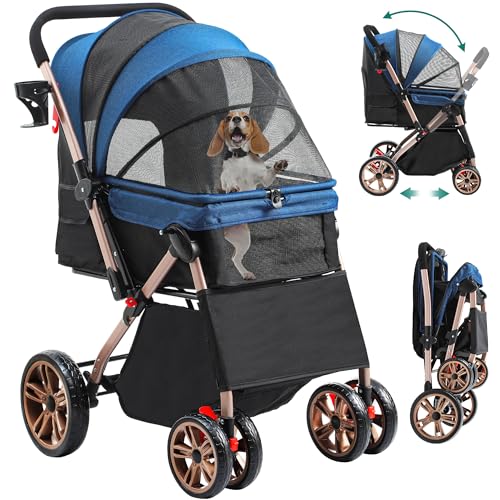 YITAHOME Hundebuggy für Hunde Hundewagen Klappbar bis 22 kg hundetrolley mit 4 Rollen für Mittelgroße Hunde Welpen und Katzen Netzfenstern Verstellbarer Griff
