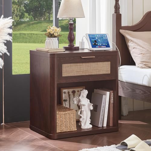 Image of LEYAOYAO Rattan Nightstands Set of 2 with Charging Station, Walnut Night Stand with Drawer, 23 inch Wide Boho Bedside Table with Storage Shelf, Bed Side End Tables for Bedroom, Living Room, Hallway