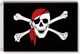 Pirate Jolly Roger Small Flag,12×18 Inch Two Layer Fabric Small Banner,1×1.5 FT Red Scarf Skull Bone Nautical Decor,Mini Digital Printed 150D Polyester Banner with Brass Grommet