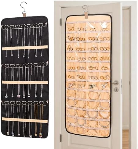 Hanging Jewelry Organizer, Double Sided with Metal Hooks, Foldabl...