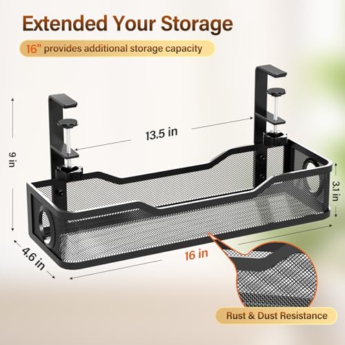 Image of Under Desk Cable Management Large, Cinati 16 inch Cable Management Box for Table Thickness up to 3 inch, Wire Cord Organizer with Clamp No Drill, No Damage to Desk (Black)