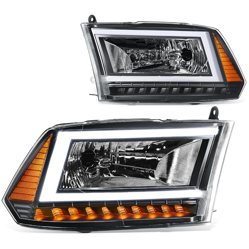 DNA MOTORING Pair of C Pattern 3D Light Bar Headlights Compatible With 11-18 Dodge Ram 1500/13-18 Ram 1500 2500 3500, Black/Amber, HL-LB3-RAM09Q-BK-AM