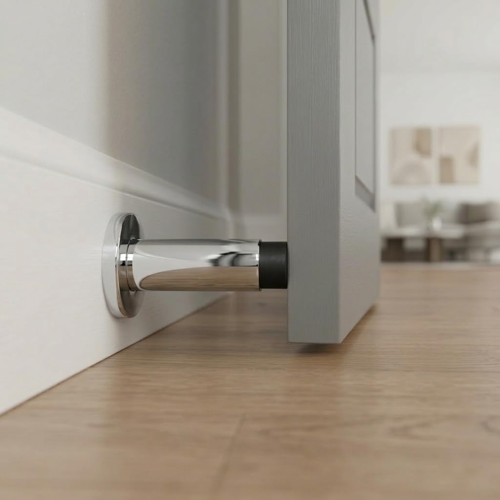 INOX Polished Stainless Steel Door Stoppers - Elegant Simple Style Door Stop with Durable Bright Finish, Heavy-Duty Wall Mounted Hardware, Scratch Protection, 3-3/16" Rise x 7/8" Wall Mount DSIX04-32