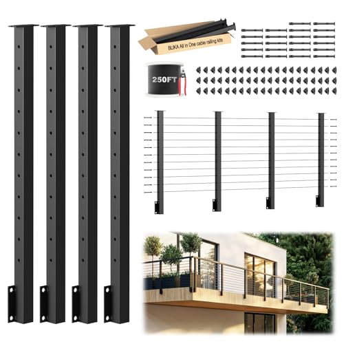 Image of BLIKA 12FT-20FT Complete Set 36 inch Side Mount Cable Railing Post Kits, Fascia Mount Deck Posts, Black Swageless Cable Railing System Include 4 Level Posts, 250FT 1 /8 inch Stainless Cable(No Handrail)