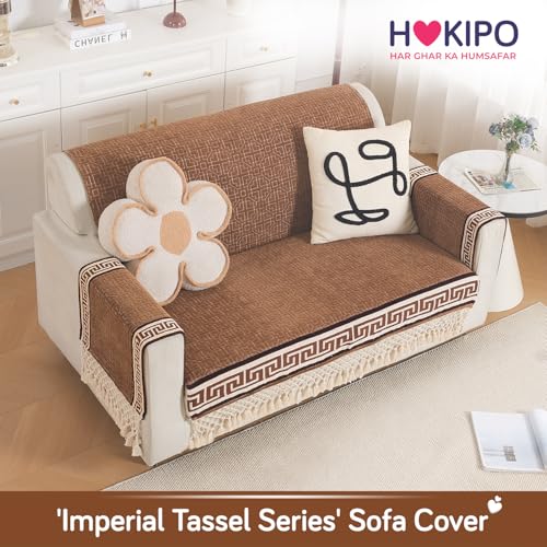 Image of HOKIPO 'Imperial Tassel Series' Thick & Soft Chenille Jacquard Sofa Cover 2 Seater Set for Seat, Back & Arms with Tassels, Russet Brown (IN-1010 + IN-1012-I1*2)