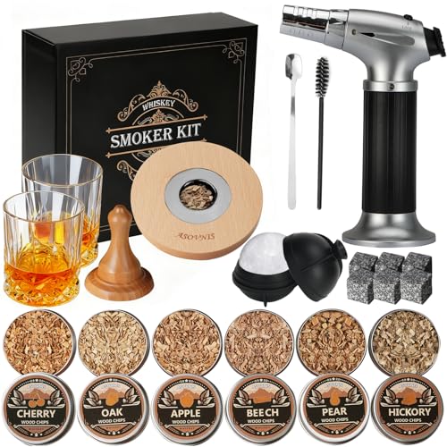 Kit pour Fumeur de Whisky avec Torche – Copeaux de Bois 6 Saveurs, 2 Verres, 6 Pierres Whisky, Kit pour Fumeur de Cocktails, Kit pour Fumeur de Boisson, Cadeaux D'anniversaire pour Homme (Sans Butane)