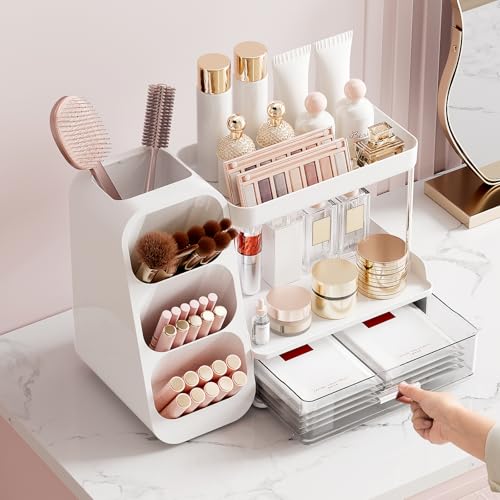 Image of UFORU Makeup Organizer for Vanity with Brush Holder, 2 Tiers Countertop Skincare, Cologne Organizer and Perfume Stand for Bathroom Vanity, Large Capacity Makeup Storage, White