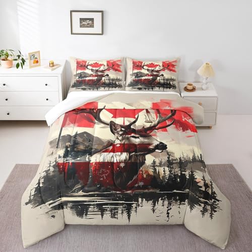 Castle Fairy Deer Hunting Twin Size Comforter Set,Antlers Wild Animal Duvet Set Soft Bed Collection,Canadian Flag Tie Dye Bedding Comforter for Boys Girls Bedroom,2 Pcs