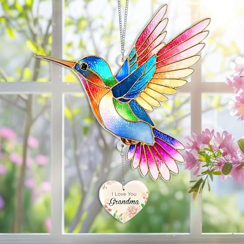Hummingbird Acrylic Suncatcher with Heart Charm, I Love You Grandma Gift, Gifts for Grandma, Hummingbird Gifts, Grandma Birthday Gifts