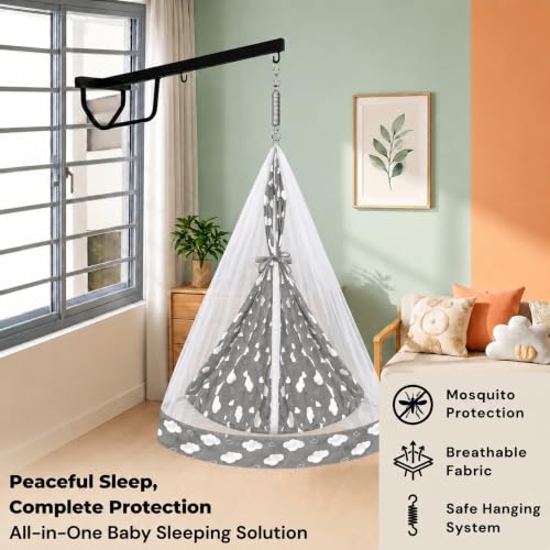Image of Vparents Sleeping Essentials with Mosquito Net & Spring with Window Stand, Sunny(Grey)