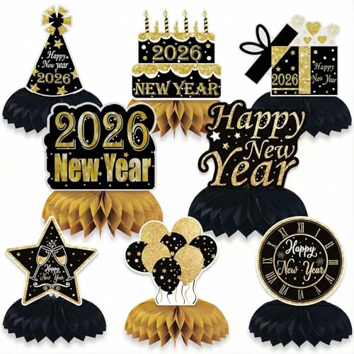 8 Pcs New Years Eve Decorations 2026 Honeycomb Centerpieces, Black and Gold Table Toppers for NYE Party Supplies, 3D Happy New Year Table Eve Decor Props