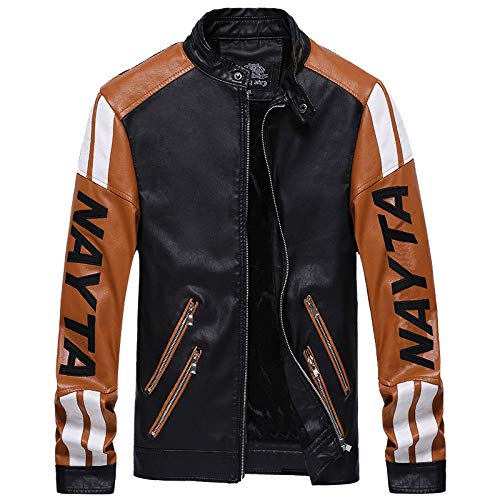 革ジャン メンズ PUレザー 切り替え スタンドカラー 英文字 ライダースジャケット アウター レザージャケット 黒-カーキ-2XL