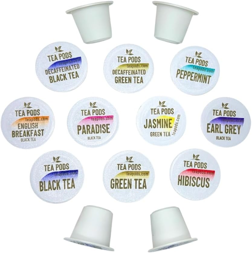 Variety pack tea pods compatible with Nespresso OriginalLine - 18 single-serve capsules hibiscus, english breakfast, peppermint, jasmine, paradise, green and black tea, earl grey bergamot