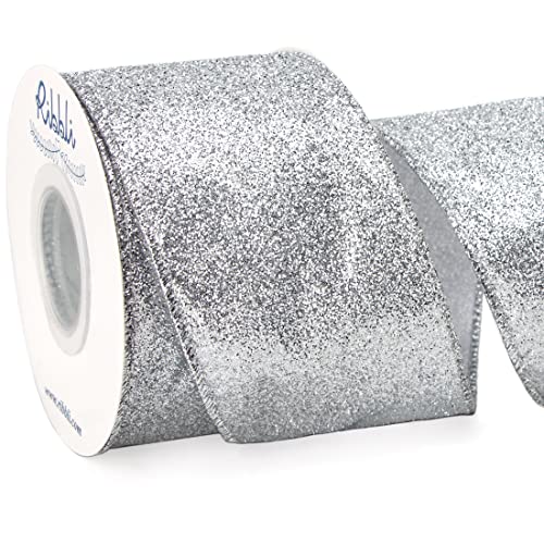 Ribbli Silver Glitter Wired Ribbon with Silver Metallic Edge Christmas Ribbon for Wreath Tree Decoration Home Decor 2-1/2 Inch x 10 Yards
