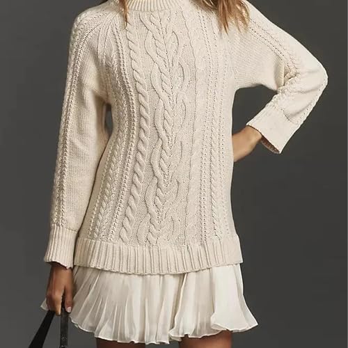 Women Crewneck Cable Knit Sweater Mini Dress, Sweater Dress with Pleated Skirt, Casual Twofer Style Patchwork Dress3