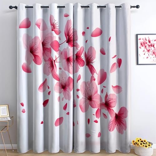 140 x 260 cm Lot de 2 Rideaux 100% occultants à Isolation Thermique Thème Romantique Fleurs De Cerisier Pétales Tissu Doux et Infroissable, Double Rideau à...