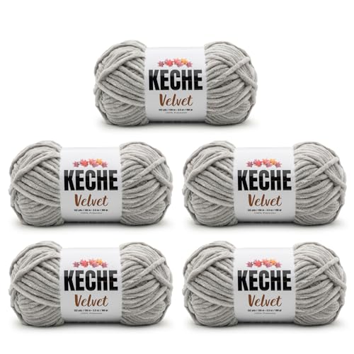 Image of Keche Velvet Yarn for Crocheting, Soft Chenille Bulky Baby Blanket Amigurumi Yarn 100 gr (132 yds) 5 Skeins - Light Gray