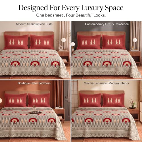 Image of BSB HOME 240 TC Cotton Feel Double Bedsheet with 2 Pillow Covers, Premium Soft Breathable Bed Sheet Set, Fade Resistant, All-Season, Easy Care, 90 x 100 Inches (228 x 254 cm) - Taupe & Crimson Red