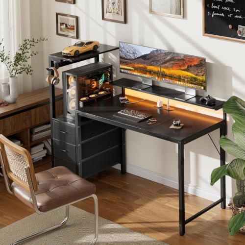 Image of HLDIRECT 60 Inch Gaming Desk with Power Outlets & LED Lights, Black