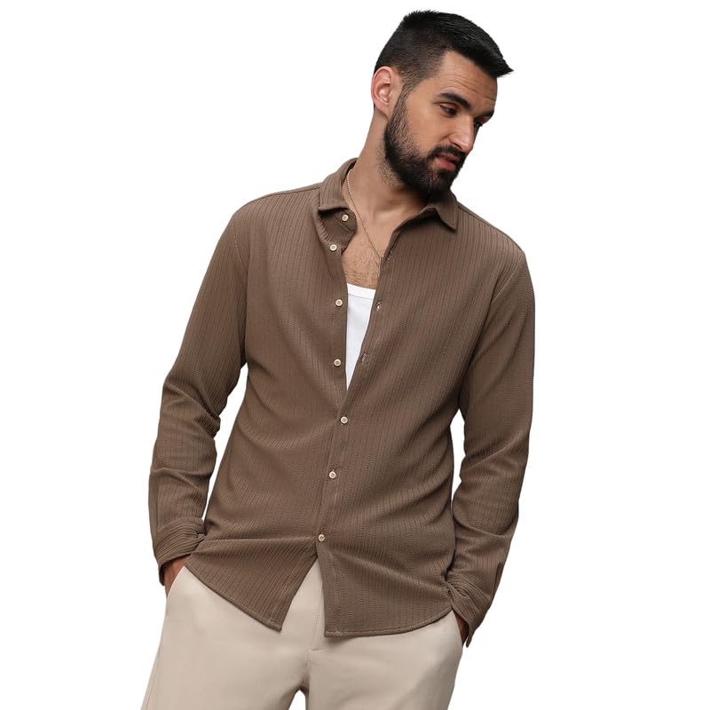 Campus Sutra Campus Sutra Polyester Men's Tan Brown Stripe-Creased Regular Fit Shirt for Casual Wear | Spread Collar | Long Sleeves | Button Closure | Shirt Crafted with Comfort Fit for Everyday Wear, Large in tan
