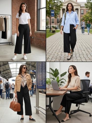 Image of GRECIILOOKS Linen Ankle Length Casual Trousers for Women | Regular Fit Linen Pants with Elastic Closure | Summer Loose Fit Daily Outfit Pants for Women