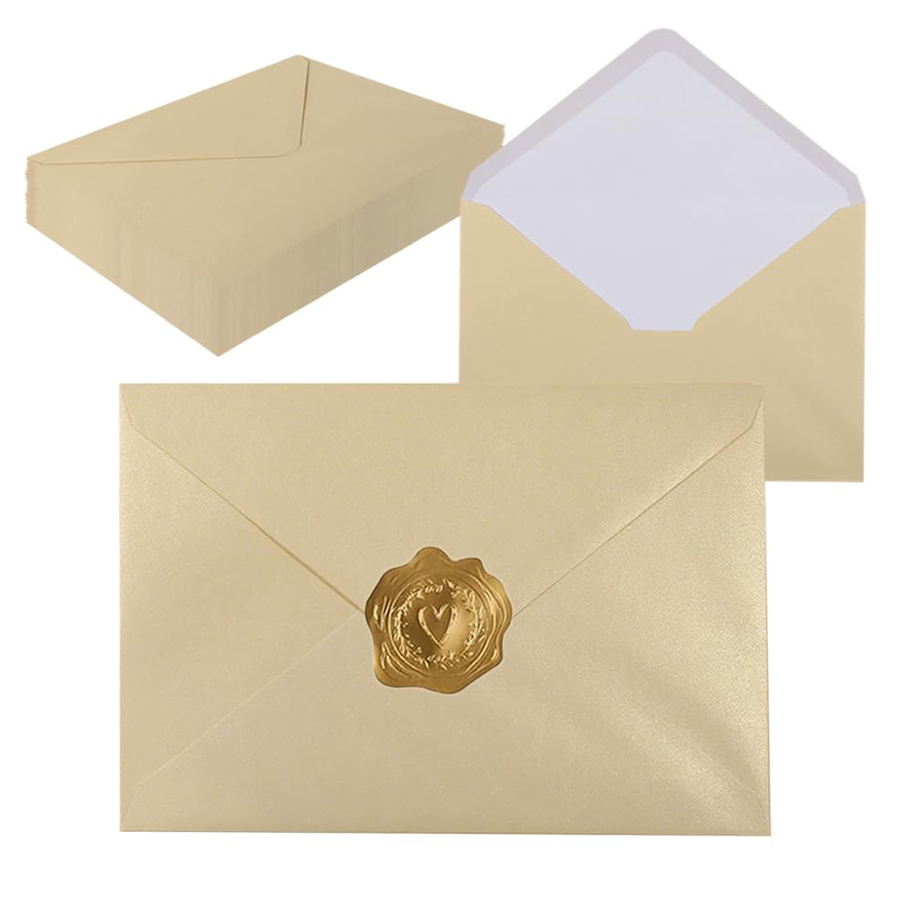 UoeRing A7 Self-Sealing Beige Envelopes 50 Pcs - 5x7 Inches (5.31×7.67in) Premium 120g Pearl Glitter Paper - Printable & Writable for Wedding