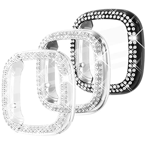 Fullife 3-Pack TPU Bumper for Fitbit Versa 3 Screen Protector Crystal Diamond Bling Case HD Full Protective Cover for Men Women Fitbit Versa 3/Fitbit Sense Smartwatch Black/Silver/Clear