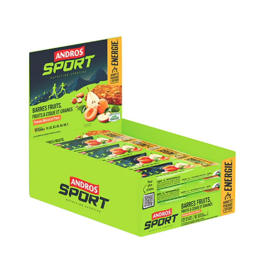 Andros Sport | Barres énergétiques (16x40g) | Barres énergétiques | Riche en fruits, et source de vitamines - Pomme Poire Abricot