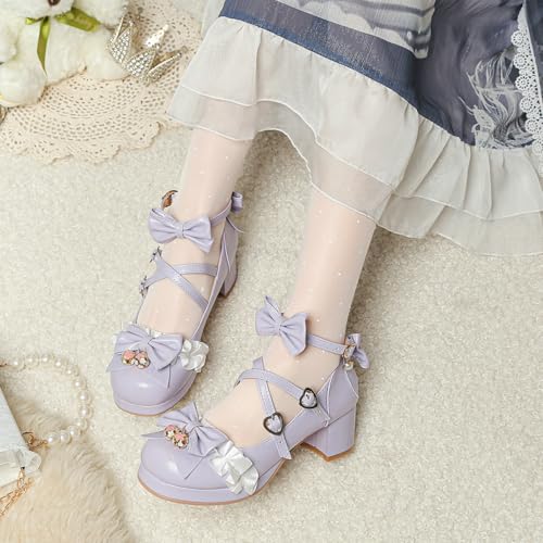 LUXMAX Ankle Strap Pumps Kawaii Shoes for Women Chunky Heel Bow Mary Janes Platform Pumps with Buckle Lace Cute Pumps4