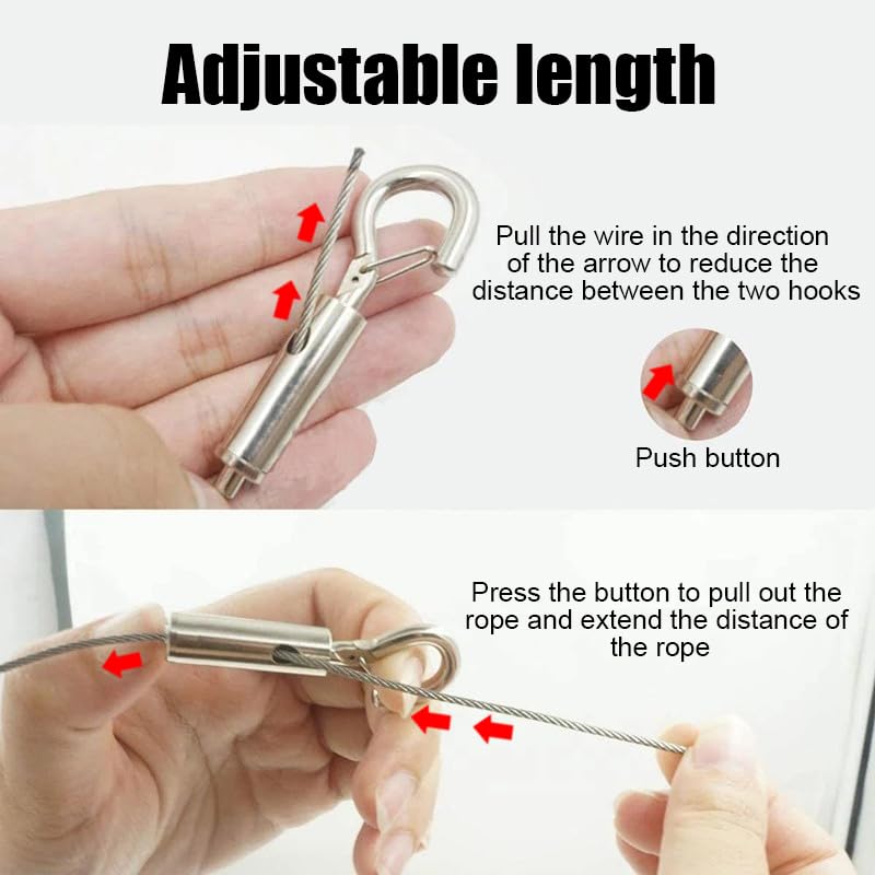 Image of 2 PCS Adjustable Picture Hanging Wire with 2 Hooks 2m x 1.5mm Stainless Steel Wire Rope Heavy Duty Mirror Hanging Hardware for Mirror Photo Light Lamp Artwork Billboards