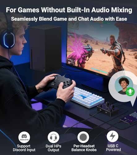 Cubilux AM-J5 Game Chat Mischpult, 2 Eingänge 2 Ausgänge, Mix Amp mit Game und Voice Balance, für Xbox, Switch, PC, PS5, PS4, Discord
