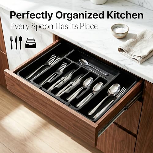 Image of Drawer Organizer Tray /Kitchen Expandable Utensil Tray /Adjustable Utensil Organizer /Cutlery Silverware Flatware Holder /Divider for Spoons Forks Knives Tableware (Black, 1 Pcs)