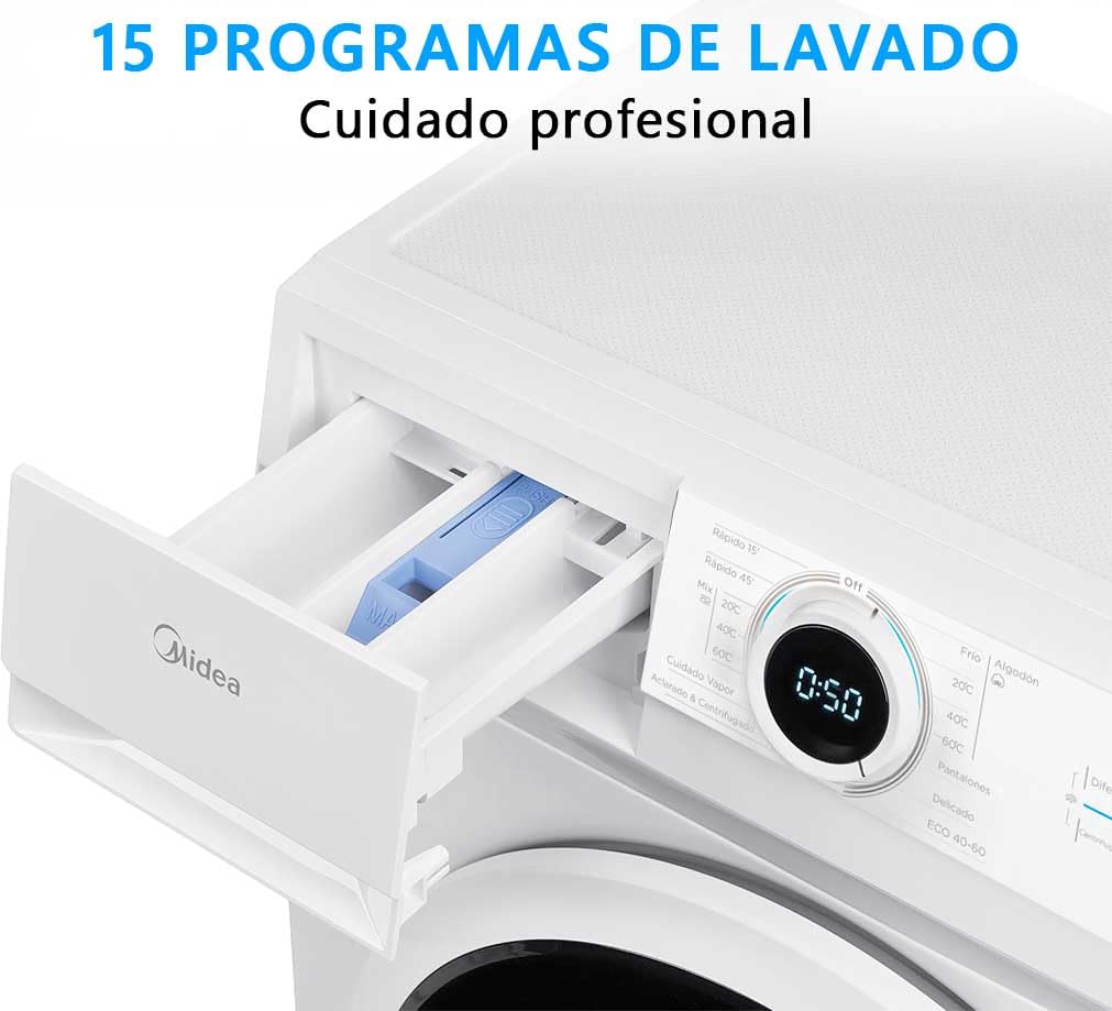 Midea Lavadora Carga Frontal 8kg de 1400 rpm y panel digital - Lavadoras con 15 Programas + Diseño Superior Ultra Slim - Maquina de Lavado de Libre Instalación - Función de Vapor y Modo Eco