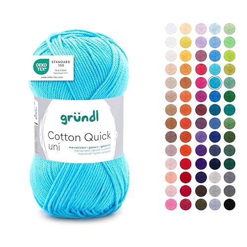Gründl Wolle Cotton Quick uni - dünne Wolle zum Häkeln - Strickgarn - Häkelgarn - Glänzend und hautfreundlich - 100 % Baumwolle - 1 Knäuel 50 g / 125 m - Nadelstärke 3 - 4 - Wasserblau