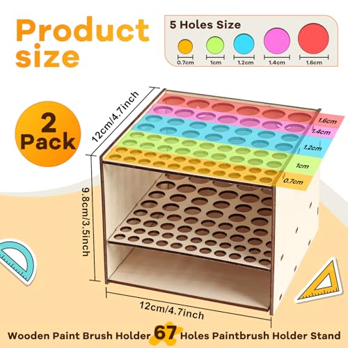 Image of 2 Pack Wooden Paint Brush Holder 67 Holes Wood Paint Brush Rack Paintbrush Holder Organizer for Colored Pencils Brushes