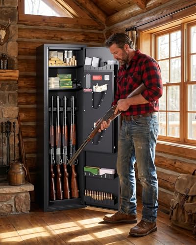 Image of Bonusall Gun Safe for Rifles and Pistols, Fully Assembled 10-12 Gun Safe for Home, Large Rifle and Shotgun Safe with Quick Access Keypad Lock, Adjustable Gun Rack, Pistol Pockets and Ammo Storage