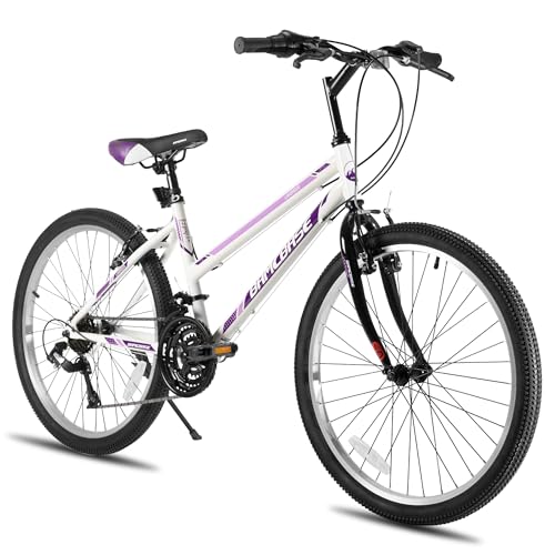 Hiland BAMCBASE VTT Femme, 21 Vitesses, Cadre en Acier au Carbone, Freins en V Avant et Arrière, Vélo de Ville 24 Pouces pour Adultes - Blanc