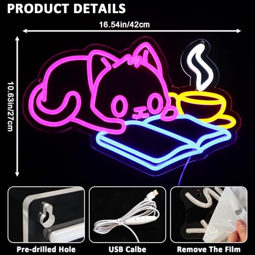 Image of Cat Reading Book Neon Sign for Wall Decor, Cute Cat Led Signs for Library, USB Dimmable Neon Lights for Classroom Reading Cafe Corner Bedroom Study Room Home Book Club Motivational Wall Art