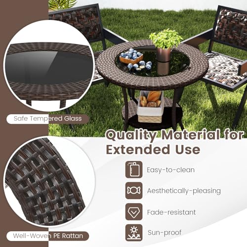 Image of Giantex Round Rattan Wicker Outdoor Coffee Table Glass Top Steel Frame Patio Furniture W /Lower Shelf (Round)
