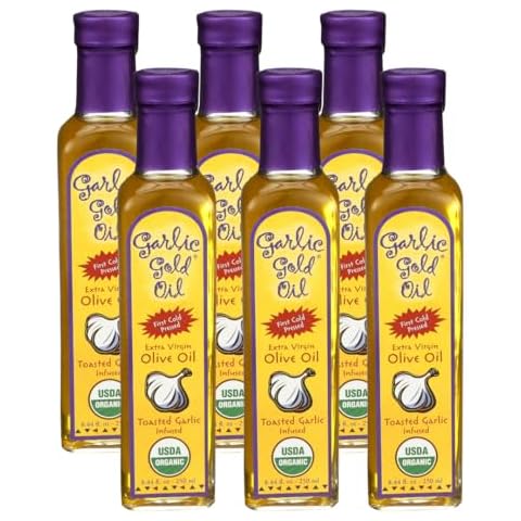 Garlic Gold Extra Virgin Olive Oil Infused with Garlic, Premium Certified USDA Organic, Low FODMAP, Cold Pressed (250 mL, 6 Pack) Cover