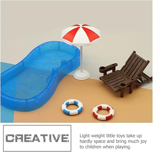 Miniatura 5 de Piscina en miniatura, 5 piezas, decoración de casa de muñecas en miniatura, sombrilla para piscina, silla de playa para bricolaje, jardín de hadas,