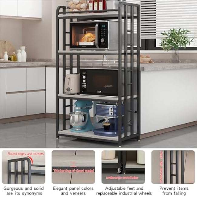 Adjustable 4-Tier Heavy Duty Kitchen Baker's Rack with Power Outlet, with Industrial Wheels, Free Standing Microwave Oven Cart Stand for Storage in Living Room, Garage, Greige-Vu7W3Zm6