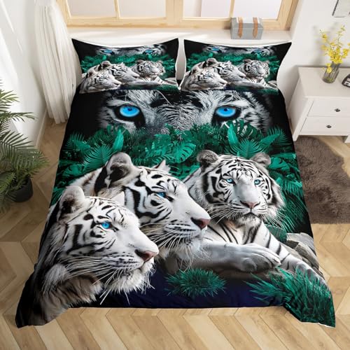 Loussiesd Tiger Duvet Cover Wild Animal Bedding Set For Kids Adults Safari Cats Comforter Cover Set Soft Wildlife White Tiger Bedding & Linen Double Size Zipper