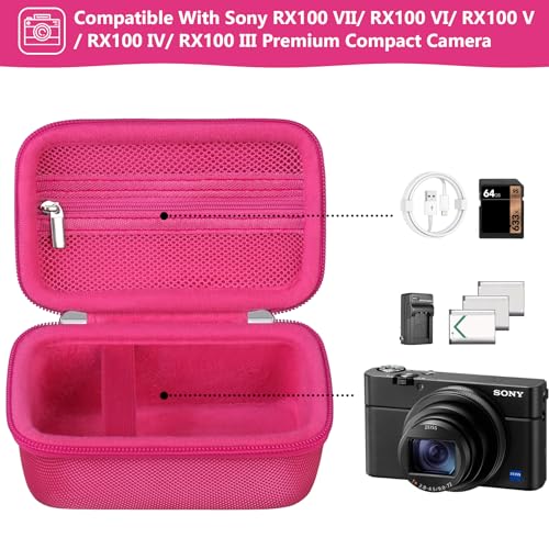 Image of Carrying Case for Sony RX100 VII / RX100 VI / RX100 V / RX100 IV / RX100 III Premium Compact Camera, Storage Holder Travel Bag with Zipper Mesh Pocket for Charging Cable, USB Card, Rosered