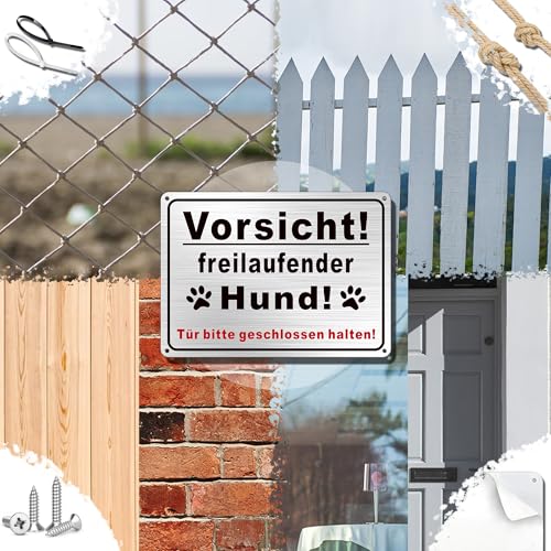 TAKULA Vorsicht Hund Schild 25 * 18cm, 'Freilaufender Hund' + Tür-Warnung, Hunde Warnschilder, Doppelmontage (Bohrung+Klebeband) | 1 Stück