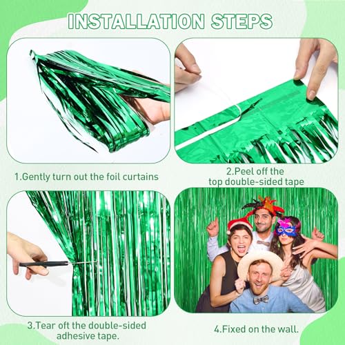 Image of Green Foil Curtain Backdrop, 2Pack Green Metallic Tinsel Foil Fringe Curtains Photo Booth Props for Birthday Wedding Engagement Baby Shower Bachelorette Christmas Celebration Jungle Party Decorations